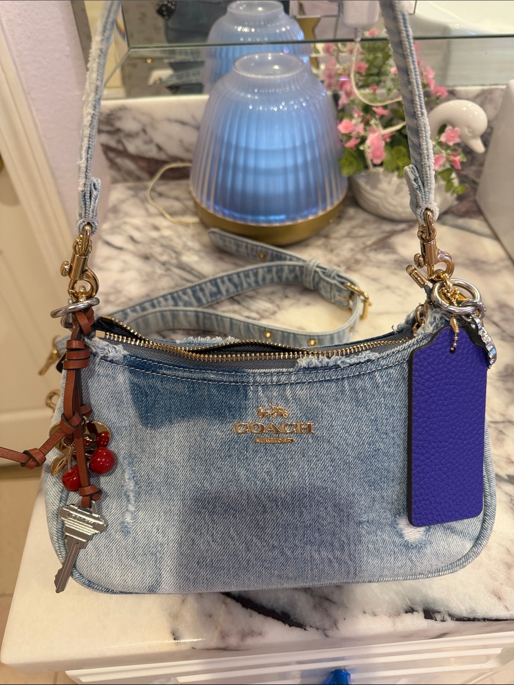 Coach Loved Denim Terry Bag with Purple Tag and Gold Hardware
